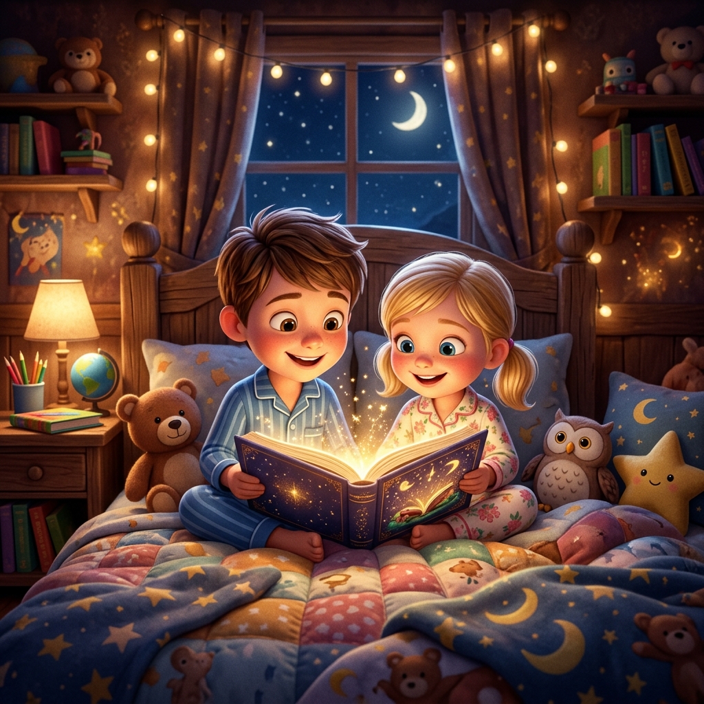 Heartwarming 3D Pixar/Disney style illustration of a little boy and a little girl looking happy together in bed, reading a magical glowing storybook.