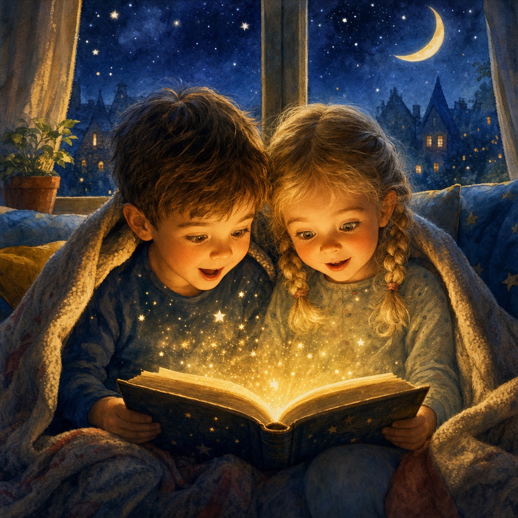 Ein Junge und ein Mädchen lesen unter einer Kuscheldecke ein magisch leuchtendes Buch – Illustration im Stil der Geschichten