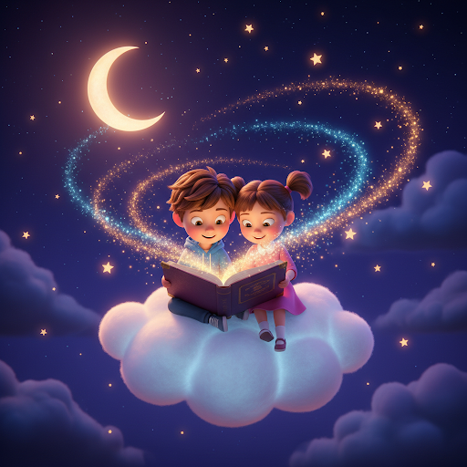 Zwei Kinder lesen unter einem Halbmond ein magisches Buch