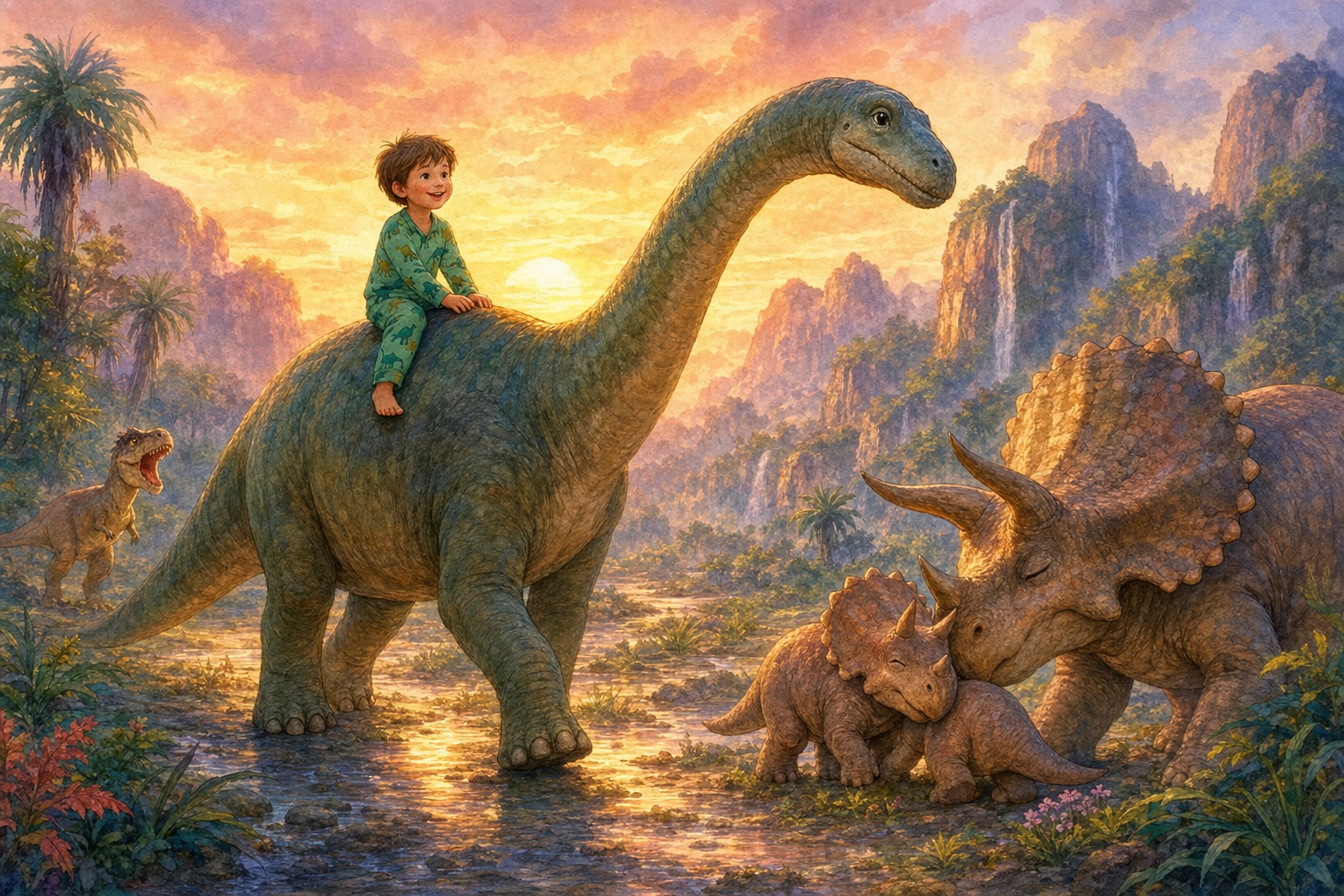 Ben reitet auf Brunos Rücken durch das abendliche Tal der Dinosaurier