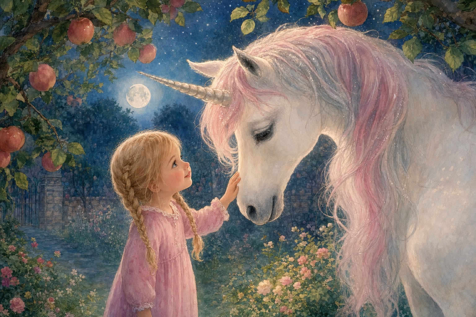 Lina trifft das weiß schimmernde Einhorn Luna unter den Apfelbäumen