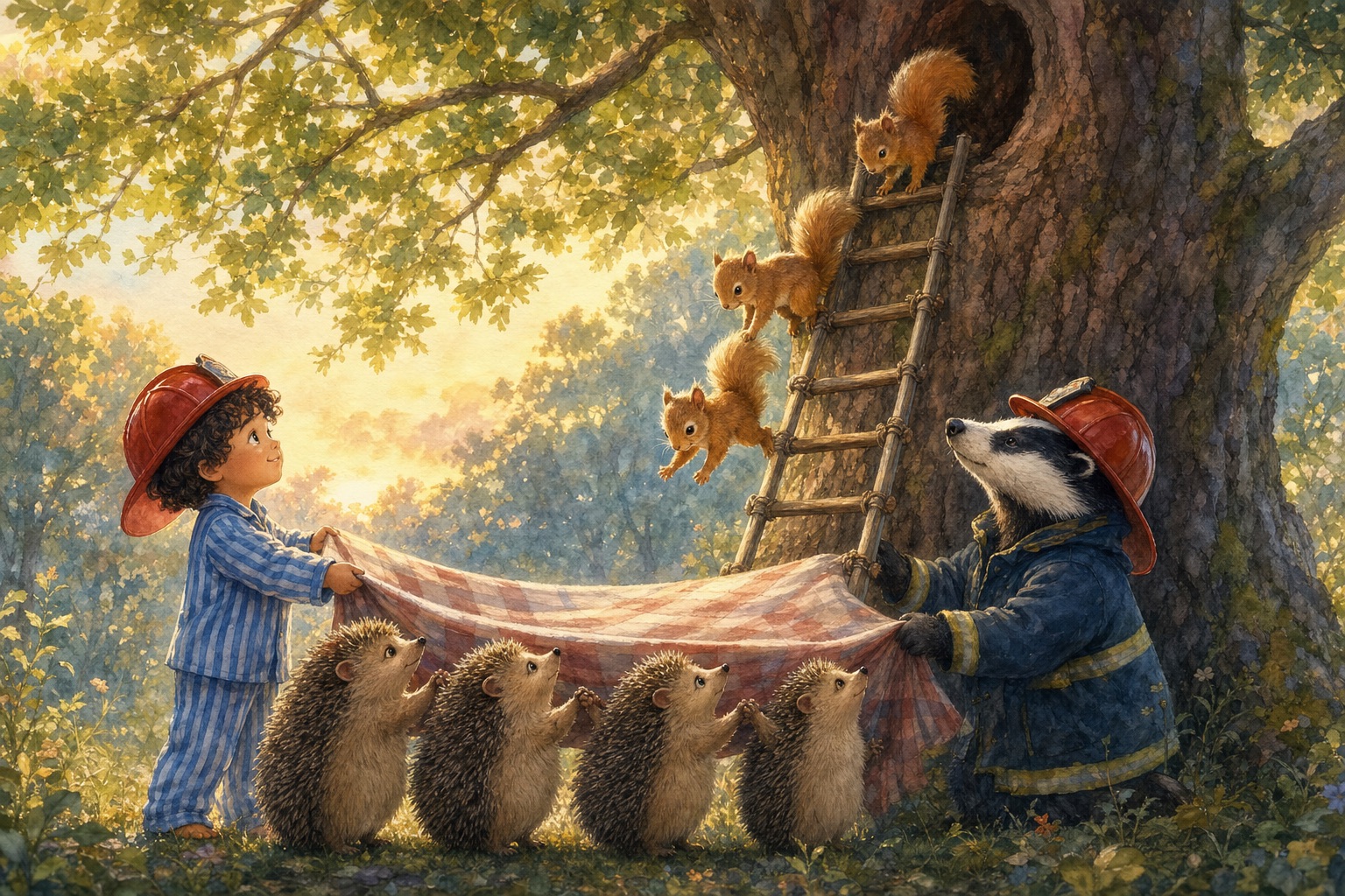 Emil und die Tiere halten das Sprungtuch und machen den Eichhörnchen Mut