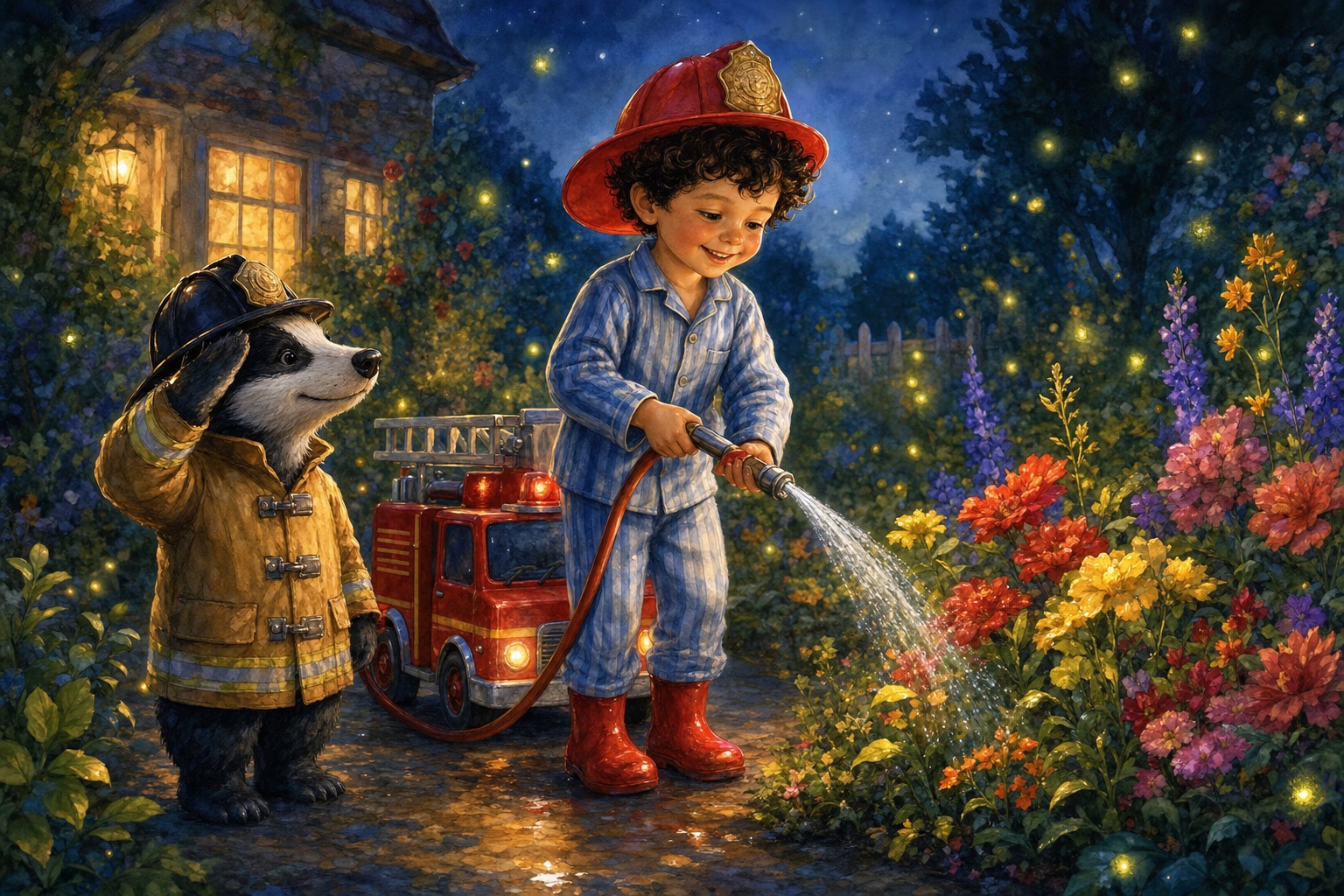 Emil gießt mit dem kleinen Feuerwehrschlauch die Blumen am Wegrand