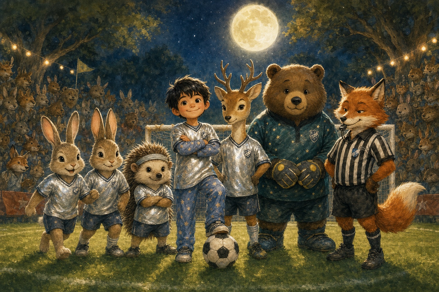 Noah im silbernen Trikot mit seiner Waldtier-Mannschaft vor dem Anpfiff