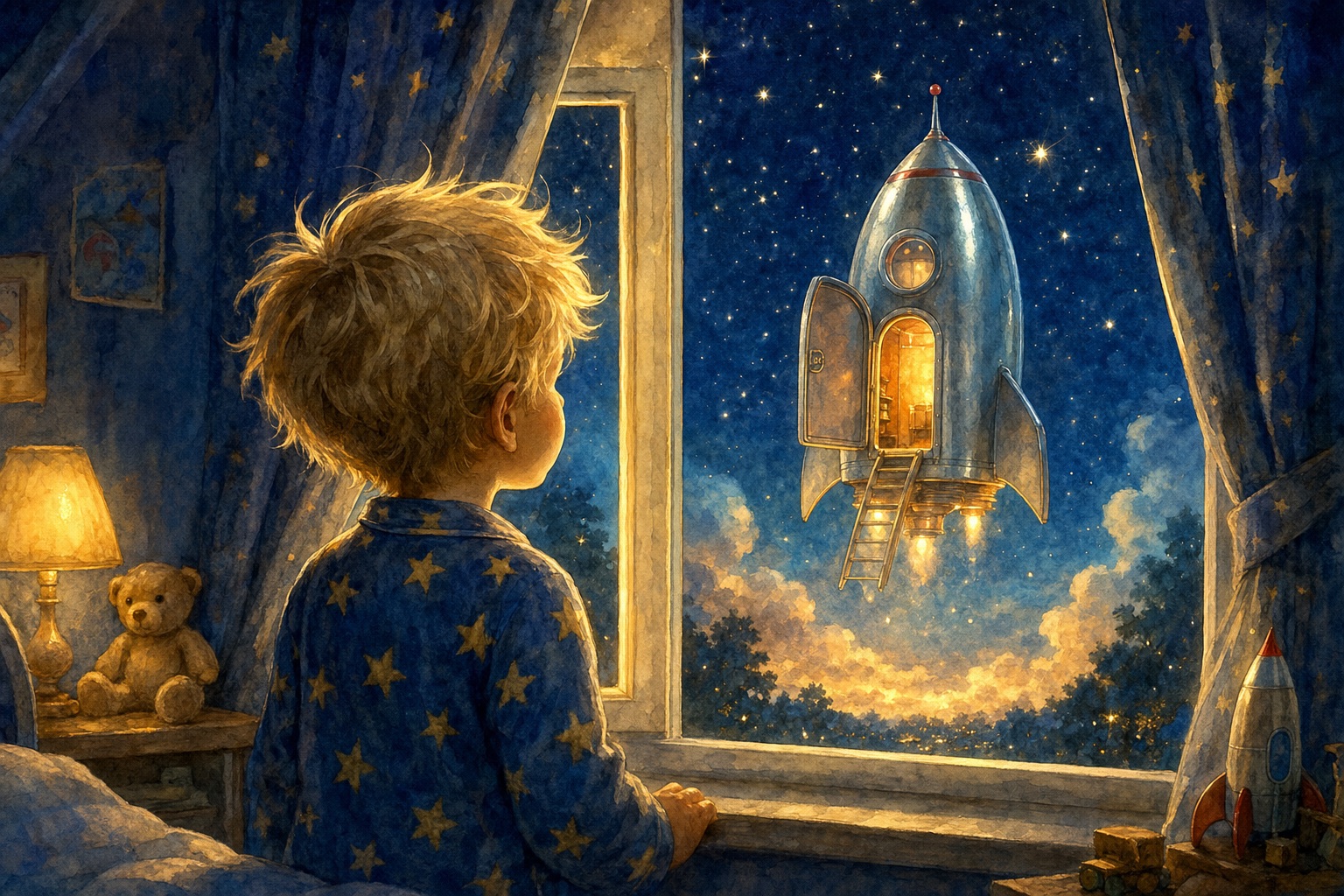 Eine kleine silberne Rakete schwebt vor Leos Fenster in der Sternennacht
