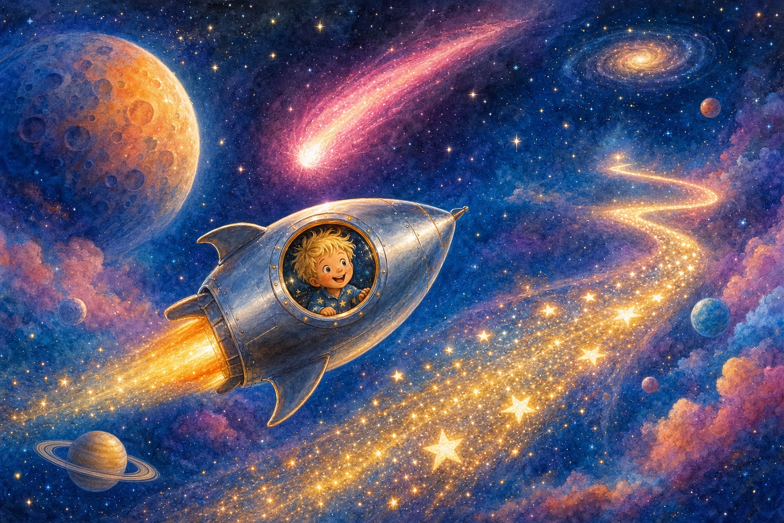 Leos Rakete fliegt eine leuchtende Sternenstraße entlang, vorbei am rosa Kometen