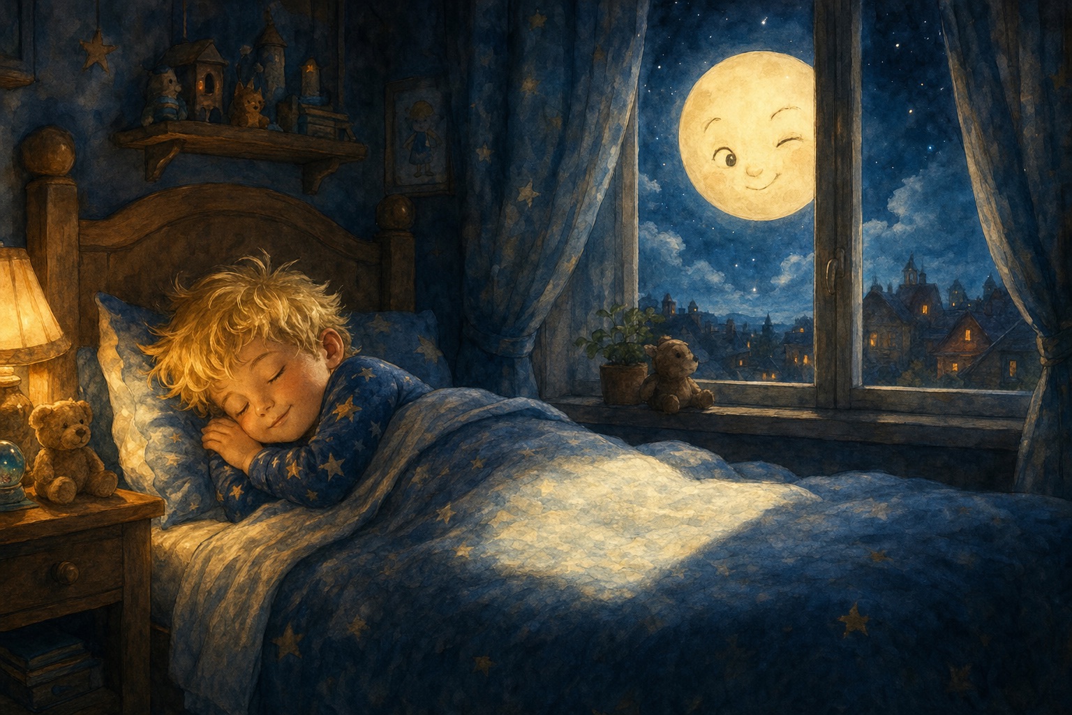 Leo schläft im silbernen Mondlicht, draußen zwinkert ihm der Mond zu